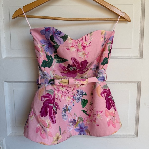 Zara Tops - Zara Floral Sweetheart Corset Top Belted Bardot Pink NWT XS